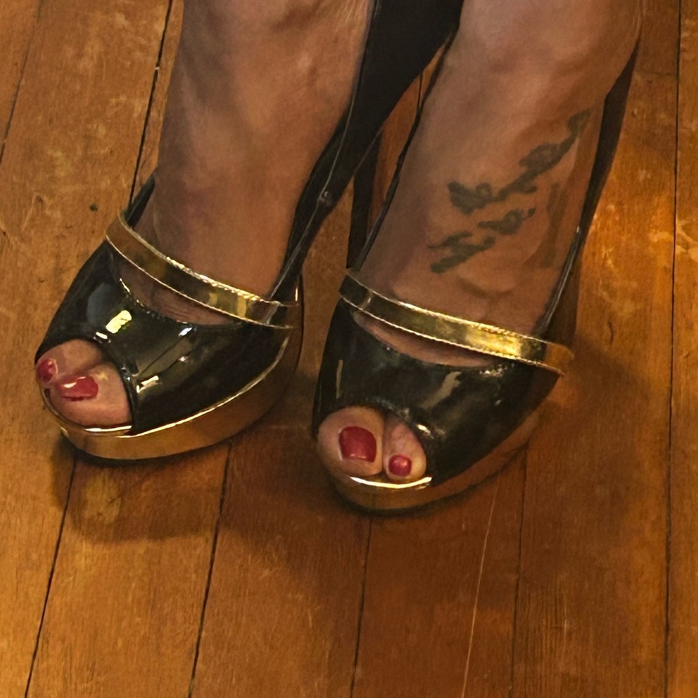 Black and Gold Peep-Toe Platform Heels